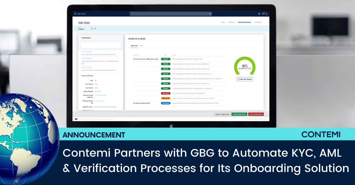 Contemi Solutions Partners with GBG to Enable Automated KYC, AML, Verification Capabilities in Its Onboarding Solution