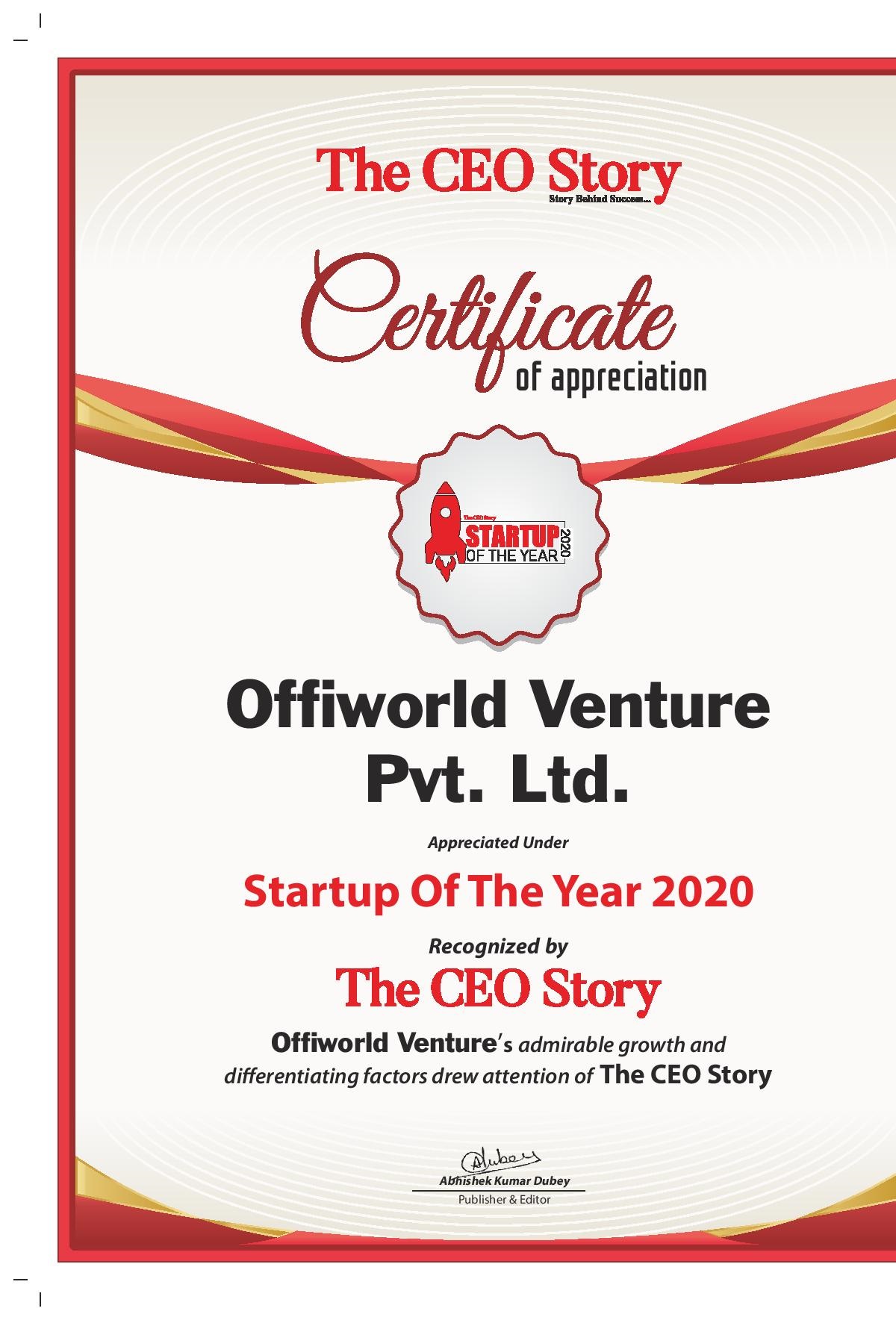 Offiworld Venture Pvt. Ltd. appreciated under Startup of The Year 2020 recognized by The CEO Story magazine.