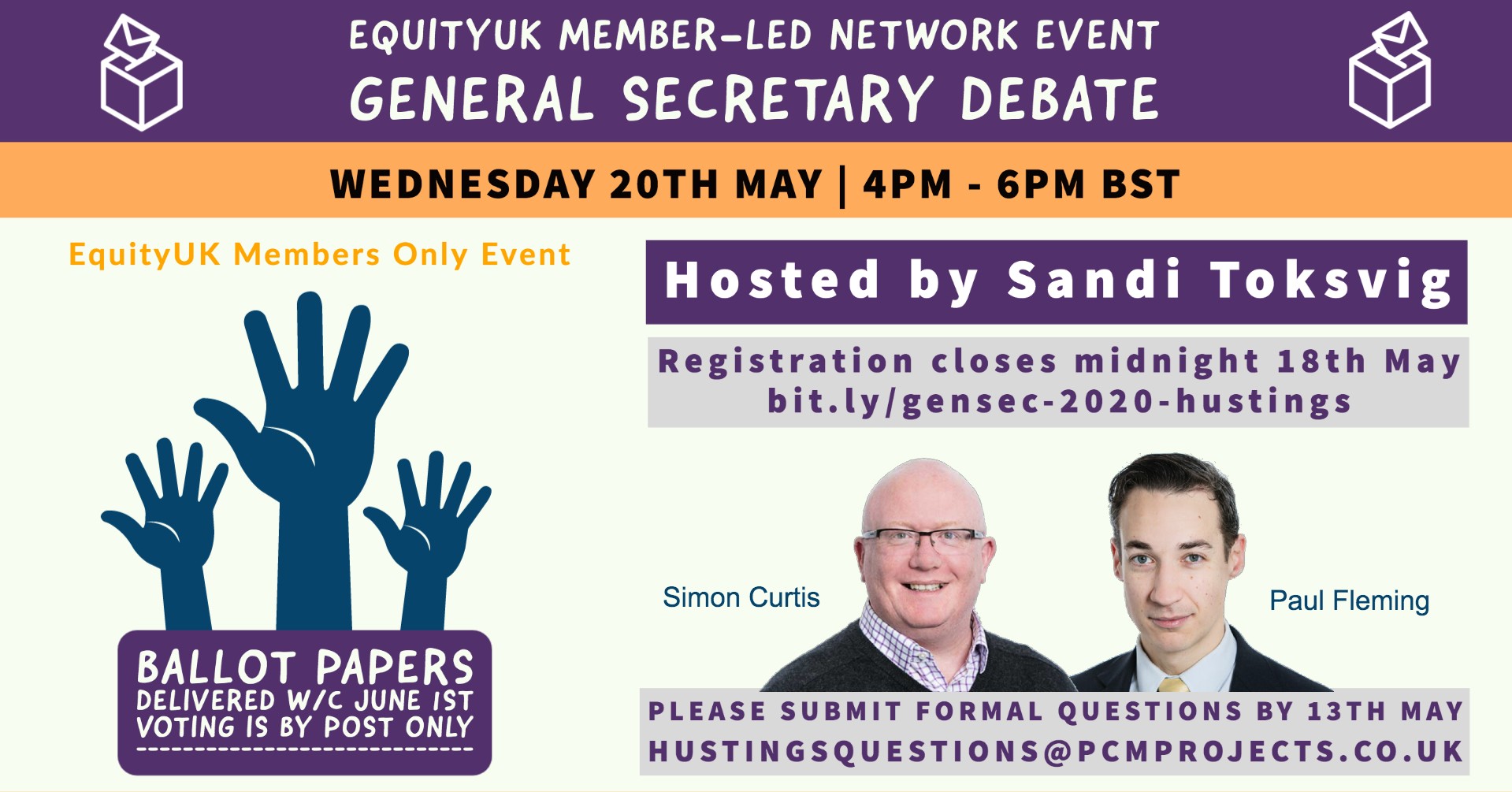 Live digital hustings for the role of Equity General Secretary, chaired by Sandi Toksvig